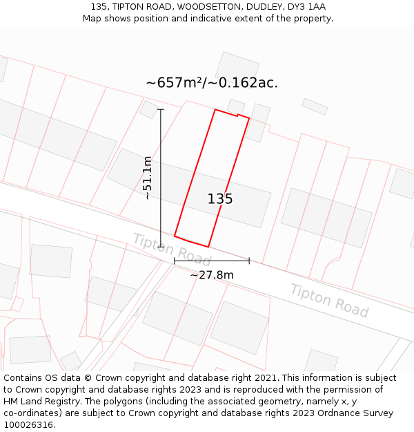 135, TIPTON ROAD, WOODSETTON, DUDLEY, DY3 1AA: Plot and title map