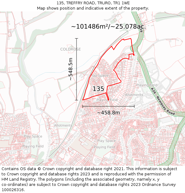 135, TREFFRY ROAD, TRURO, TR1 1WE: Plot and title map