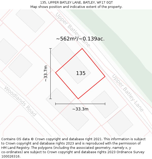 135, UPPER BATLEY LANE, BATLEY, WF17 0QT: Plot and title map