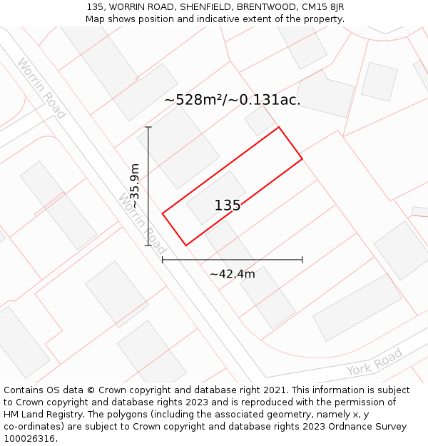 135, WORRIN ROAD, SHENFIELD, BRENTWOOD, CM15 8JR: Plot and title map