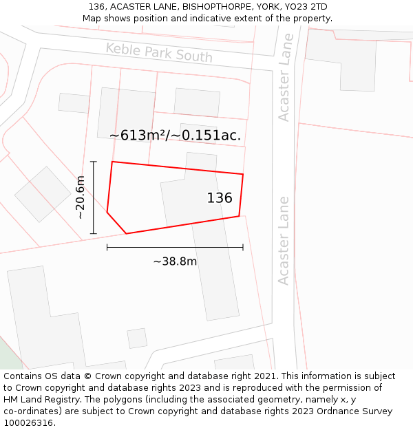 136, ACASTER LANE, BISHOPTHORPE, YORK, YO23 2TD: Plot and title map