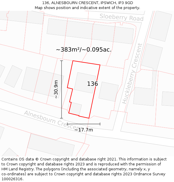 136, ALNESBOURN CRESCENT, IPSWICH, IP3 9GD: Plot and title map