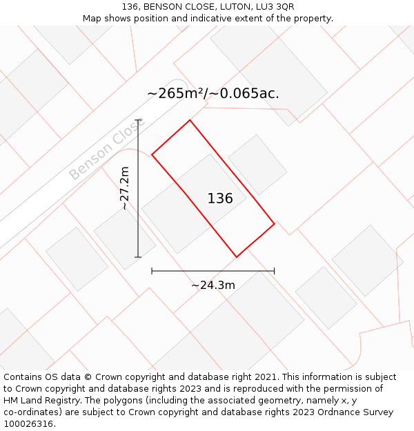 136, BENSON CLOSE, LUTON, LU3 3QR: Plot and title map