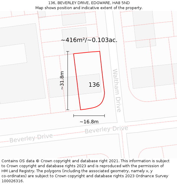 136, BEVERLEY DRIVE, EDGWARE, HA8 5ND: Plot and title map