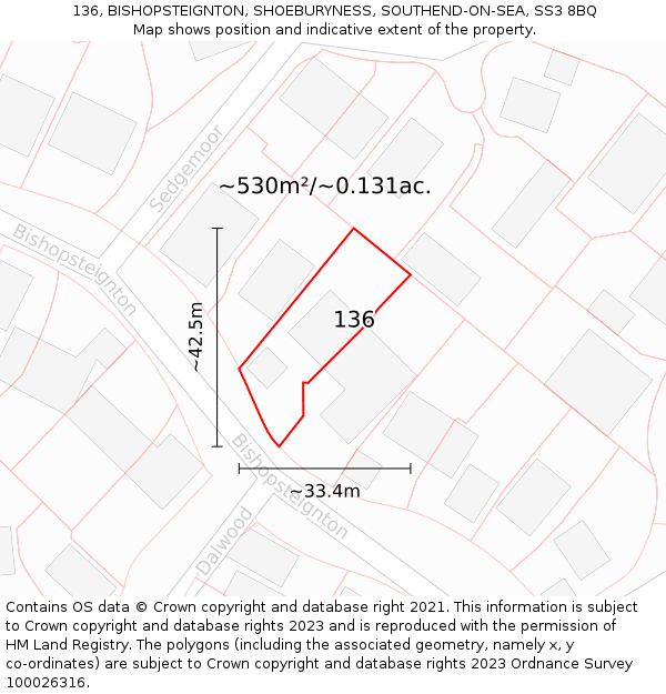 136, BISHOPSTEIGNTON, SHOEBURYNESS, SOUTHEND-ON-SEA, SS3 8BQ: Plot and title map