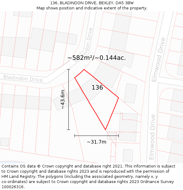 136, BLADINDON DRIVE, BEXLEY, DA5 3BW: Plot and title map