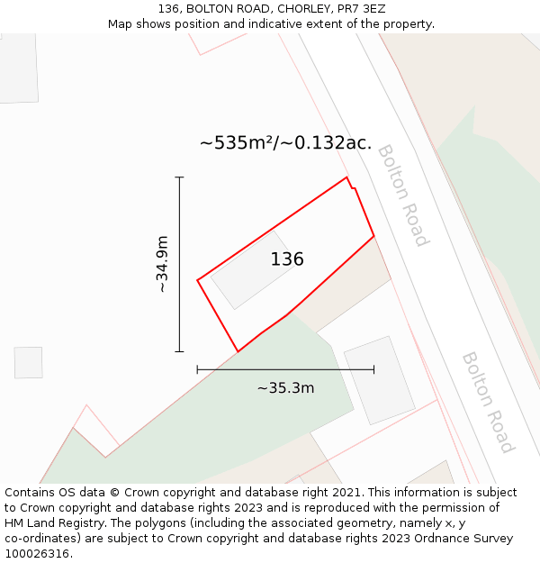 136, BOLTON ROAD, CHORLEY, PR7 3EZ: Plot and title map
