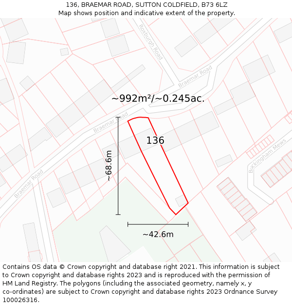 136, BRAEMAR ROAD, SUTTON COLDFIELD, B73 6LZ: Plot and title map