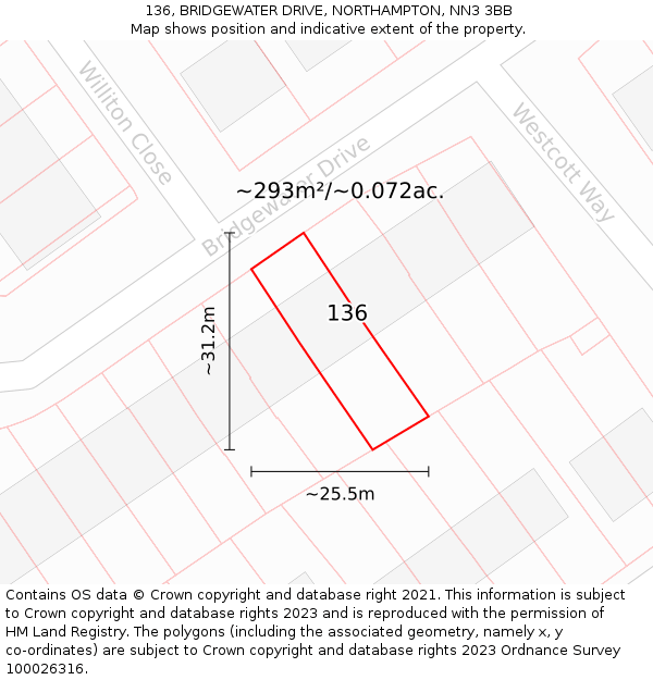 136, BRIDGEWATER DRIVE, NORTHAMPTON, NN3 3BB: Plot and title map