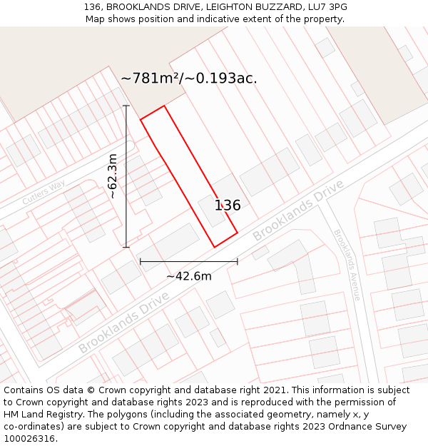 136, BROOKLANDS DRIVE, LEIGHTON BUZZARD, LU7 3PG: Plot and title map