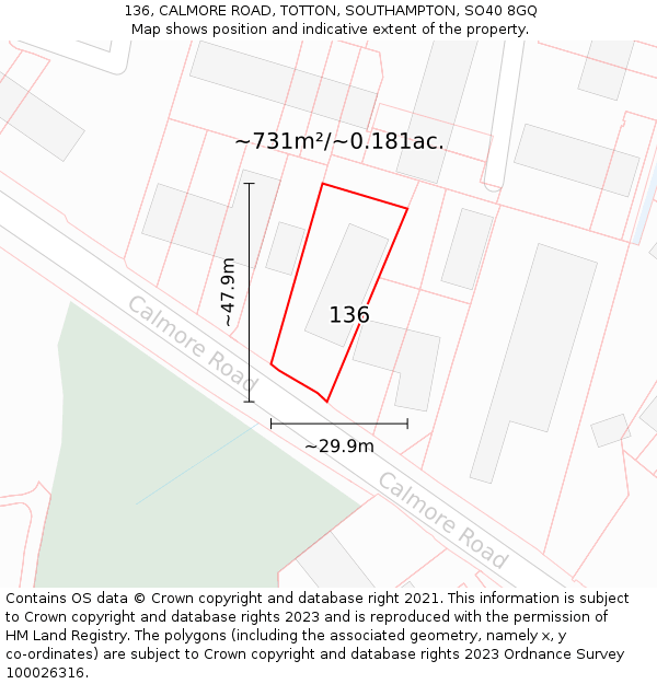 136, CALMORE ROAD, TOTTON, SOUTHAMPTON, SO40 8GQ: Plot and title map