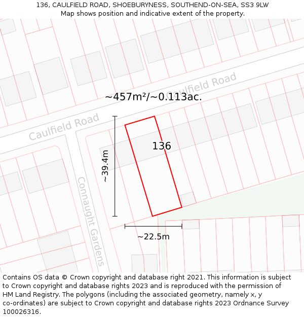 136, CAULFIELD ROAD, SHOEBURYNESS, SOUTHEND-ON-SEA, SS3 9LW: Plot and title map