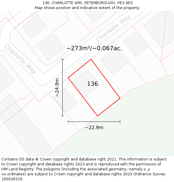 136, CHARLOTTE WAY, PETERBOROUGH, PE3 9ES: Plot and title map