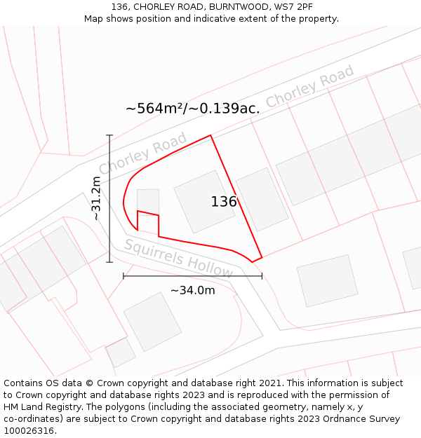 136, CHORLEY ROAD, BURNTWOOD, WS7 2PF: Plot and title map