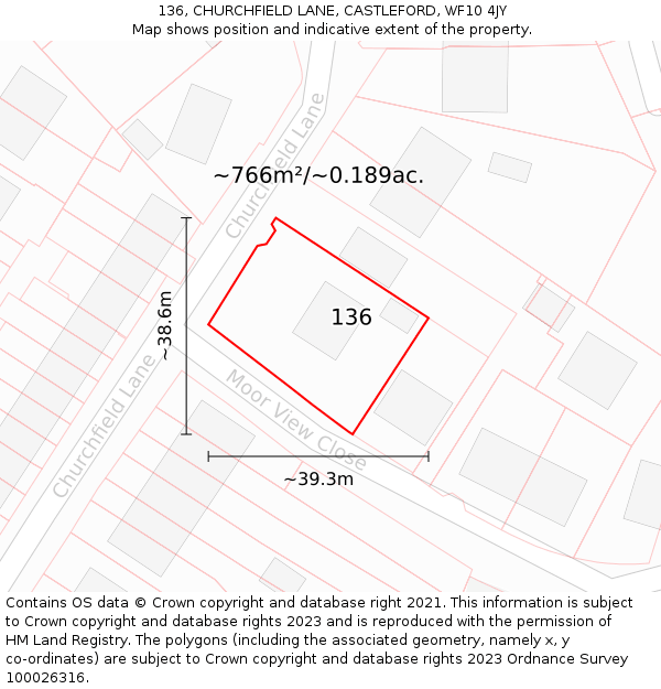 136, CHURCHFIELD LANE, CASTLEFORD, WF10 4JY: Plot and title map