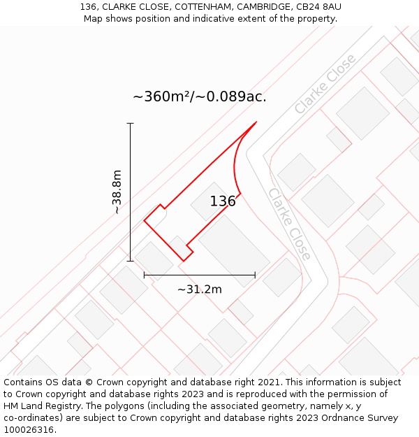 136, CLARKE CLOSE, COTTENHAM, CAMBRIDGE, CB24 8AU: Plot and title map