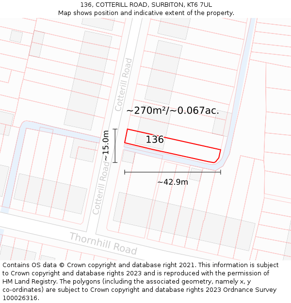 136, COTTERILL ROAD, SURBITON, KT6 7UL: Plot and title map