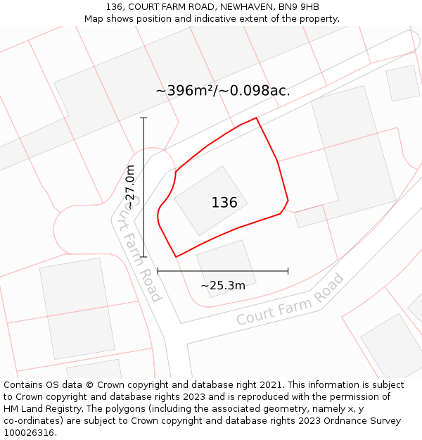 136, COURT FARM ROAD, NEWHAVEN, BN9 9HB: Plot and title map