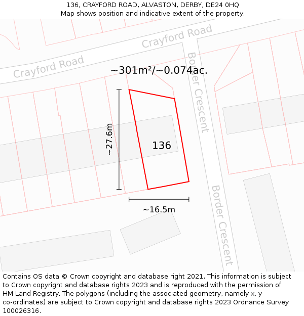 136, CRAYFORD ROAD, ALVASTON, DERBY, DE24 0HQ: Plot and title map