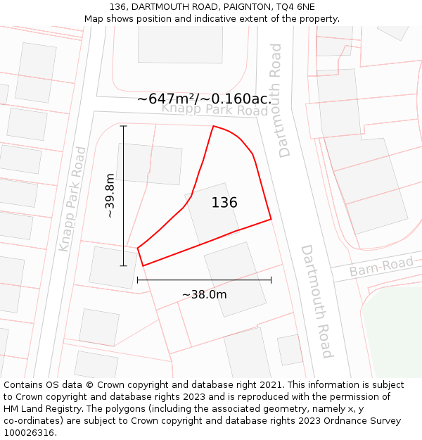 136, DARTMOUTH ROAD, PAIGNTON, TQ4 6NE: Plot and title map