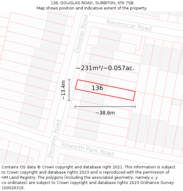 136, DOUGLAS ROAD, SURBITON, KT6 7SB: Plot and title map
