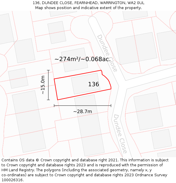 136, DUNDEE CLOSE, FEARNHEAD, WARRINGTON, WA2 0UL: Plot and title map