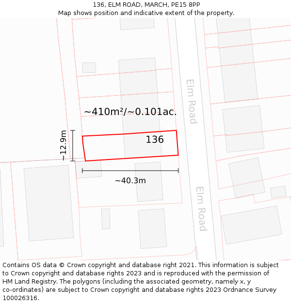 136, ELM ROAD, MARCH, PE15 8PP: Plot and title map