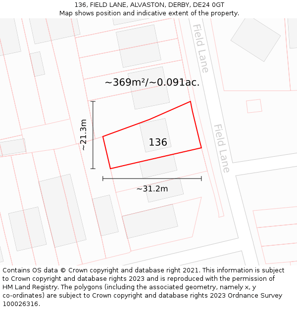 136, FIELD LANE, ALVASTON, DERBY, DE24 0GT: Plot and title map