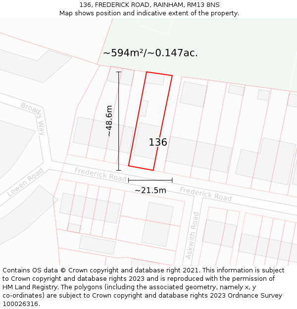 136, FREDERICK ROAD, RAINHAM, RM13 8NS: Plot and title map