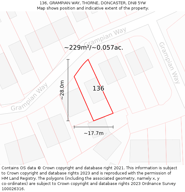 136, GRAMPIAN WAY, THORNE, DONCASTER, DN8 5YW: Plot and title map