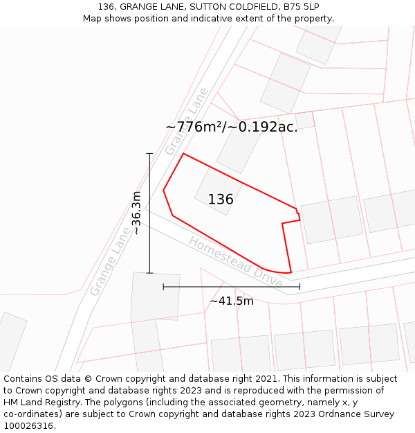 136, GRANGE LANE, SUTTON COLDFIELD, B75 5LP: Plot and title map