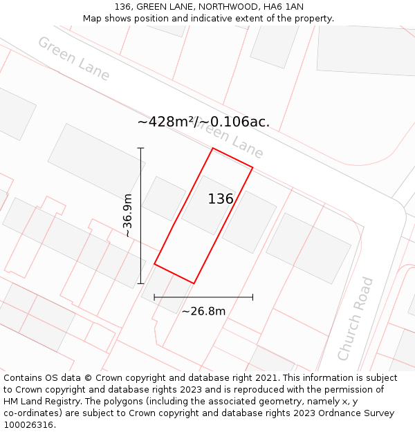 136, GREEN LANE, NORTHWOOD, HA6 1AN: Plot and title map