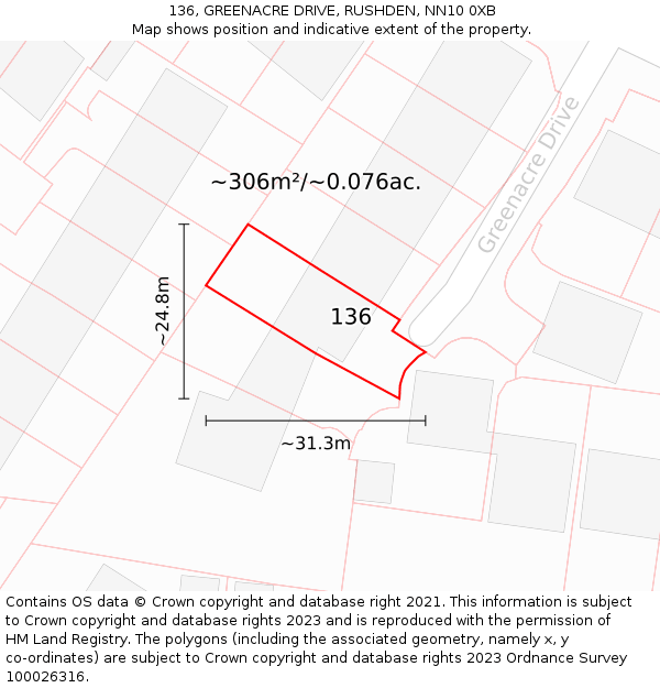 136, GREENACRE DRIVE, RUSHDEN, NN10 0XB: Plot and title map