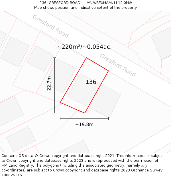 136, GRESFORD ROAD, LLAY, WREXHAM, LL12 0NW: Plot and title map