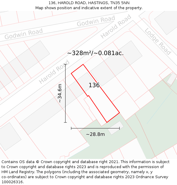 136, HAROLD ROAD, HASTINGS, TN35 5NN: Plot and title map