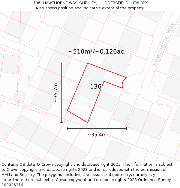 136, HAWTHORNE WAY, SHELLEY, HUDDERSFIELD, HD8 8PX: Plot and title map