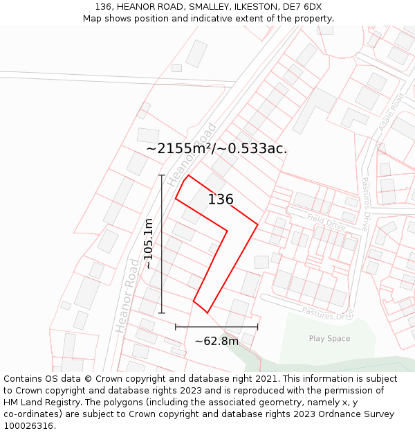 136, HEANOR ROAD, SMALLEY, ILKESTON, DE7 6DX: Plot and title map