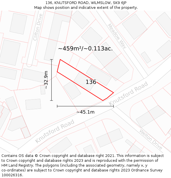 136, KNUTSFORD ROAD, WILMSLOW, SK9 6JP: Plot and title map