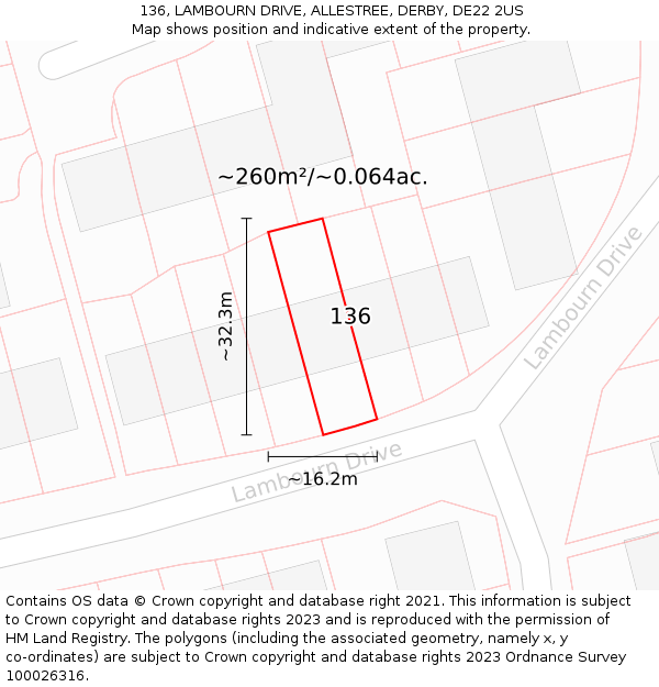 136, LAMBOURN DRIVE, ALLESTREE, DERBY, DE22 2US: Plot and title map