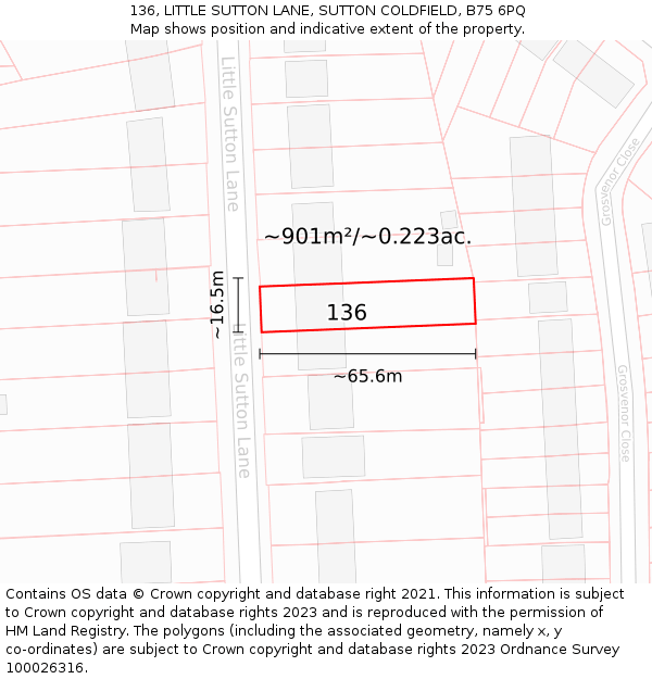 136, LITTLE SUTTON LANE, SUTTON COLDFIELD, B75 6PQ: Plot and title map