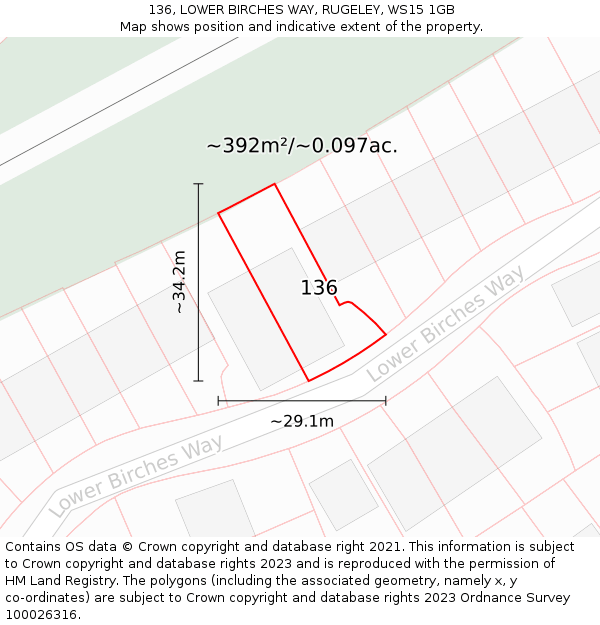 136, LOWER BIRCHES WAY, RUGELEY, WS15 1GB: Plot and title map