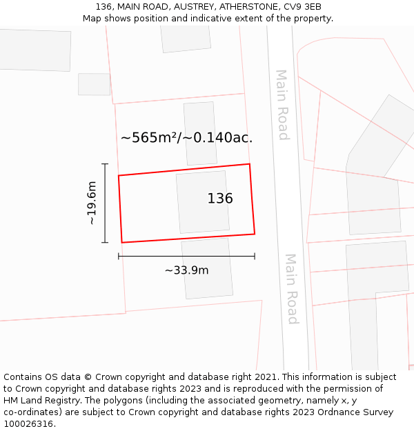 136, MAIN ROAD, AUSTREY, ATHERSTONE, CV9 3EB: Plot and title map