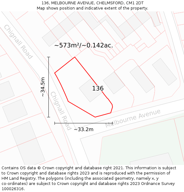 136, MELBOURNE AVENUE, CHELMSFORD, CM1 2DT: Plot and title map