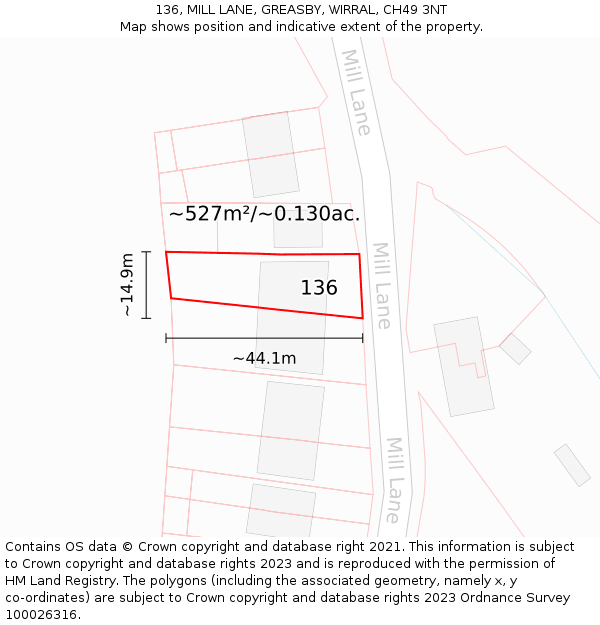 136, MILL LANE, GREASBY, WIRRAL, CH49 3NT: Plot and title map