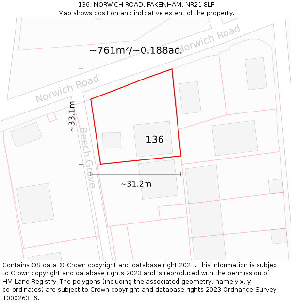 136, NORWICH ROAD, FAKENHAM, NR21 8LF: Plot and title map