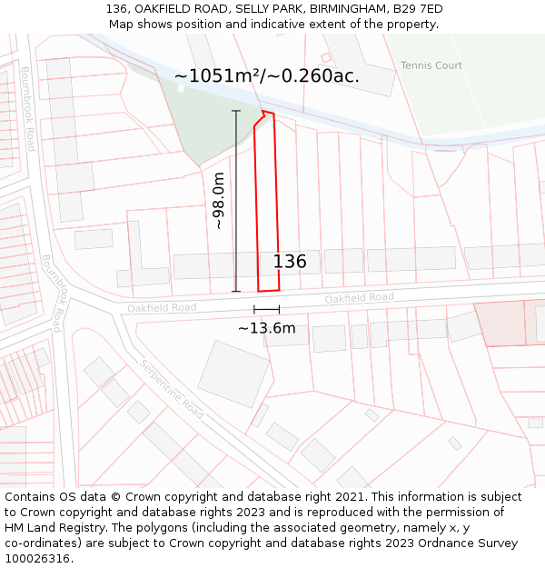 136, OAKFIELD ROAD, SELLY PARK, BIRMINGHAM, B29 7ED: Plot and title map