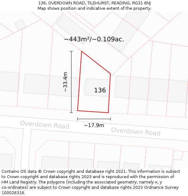 136, OVERDOWN ROAD, TILEHURST, READING, RG31 6NJ: Plot and title map