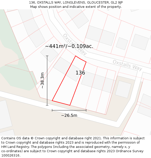 136, OXSTALLS WAY, LONGLEVENS, GLOUCESTER, GL2 9JP: Plot and title map