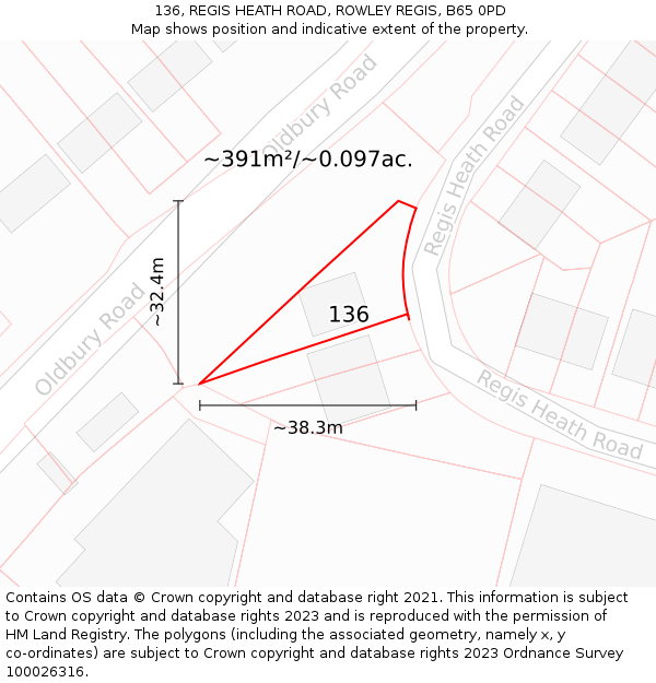 136, REGIS HEATH ROAD, ROWLEY REGIS, B65 0PD: Plot and title map