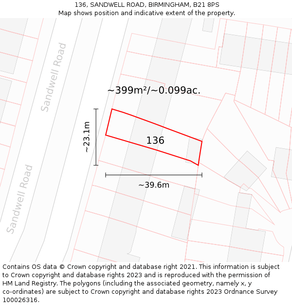 136, SANDWELL ROAD, BIRMINGHAM, B21 8PS: Plot and title map